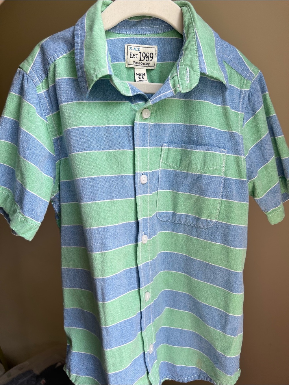 The Children's Place Green & Blue Striped Button-Up Shirt size 7/8 , 100% Cotton